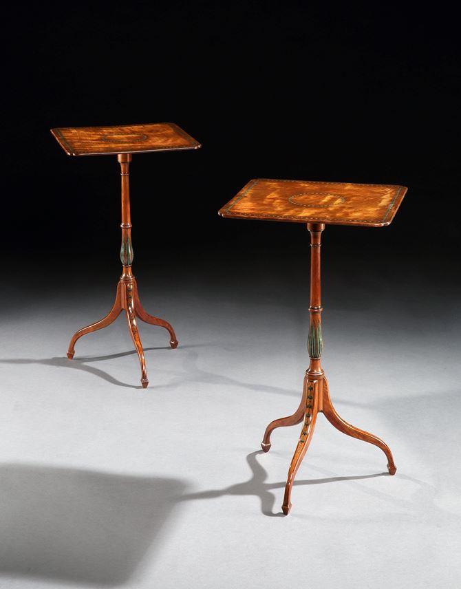 A pair of George III polychrome decorated satinwood tripod tables | MasterArt